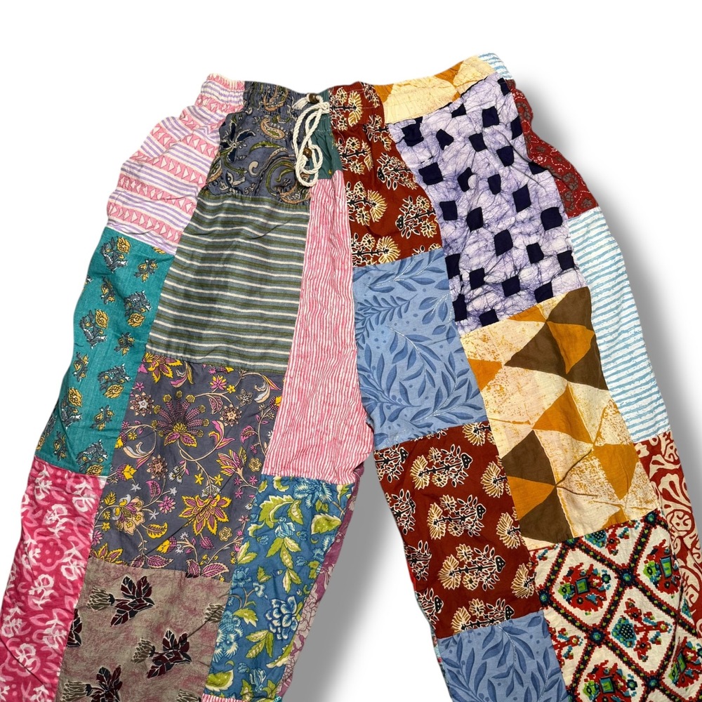 Unique Patchwork Cotton Lounge Pants Boho Bohemian Hippie Drawstring Waist - Picture 2 of 5